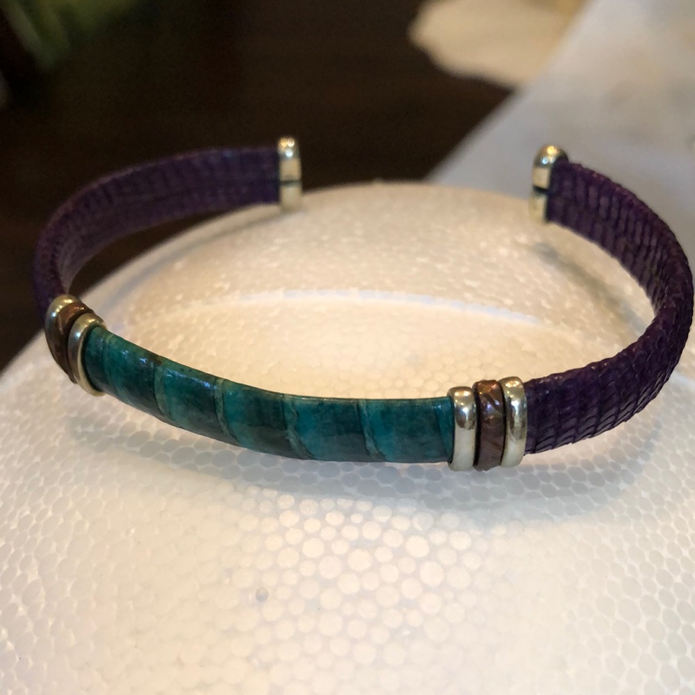 Wrapped braided purple turquoise center silver-tone & copper cuff bracelet